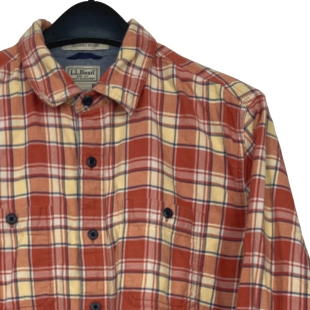 LL Bean Twill Flannel Mens M Slightly Fitted Shirt Button Up Orange Plaid